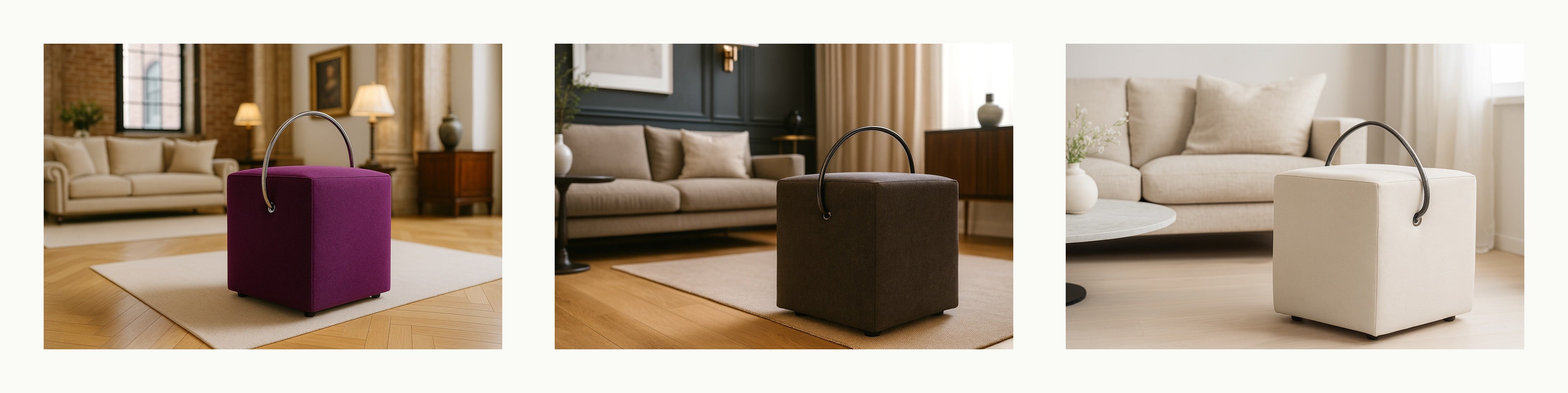 Drei Classic Line Hocker von Hockerhelden in luxuriösem Loft-Ambiente – elegante handgefertigte Sitzhocker mit markantem Griff, präsentiert in stilvollen Wohnräumen