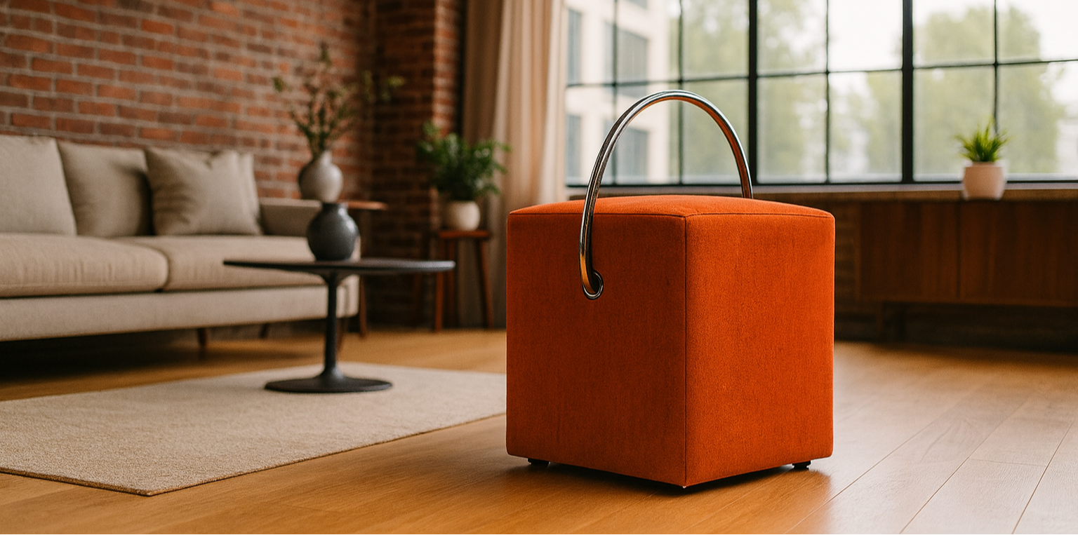 Design-Hocker in elegantem Orange mit Tragegriff, im industriellen Loft mit warmem Holzton inszeniert.