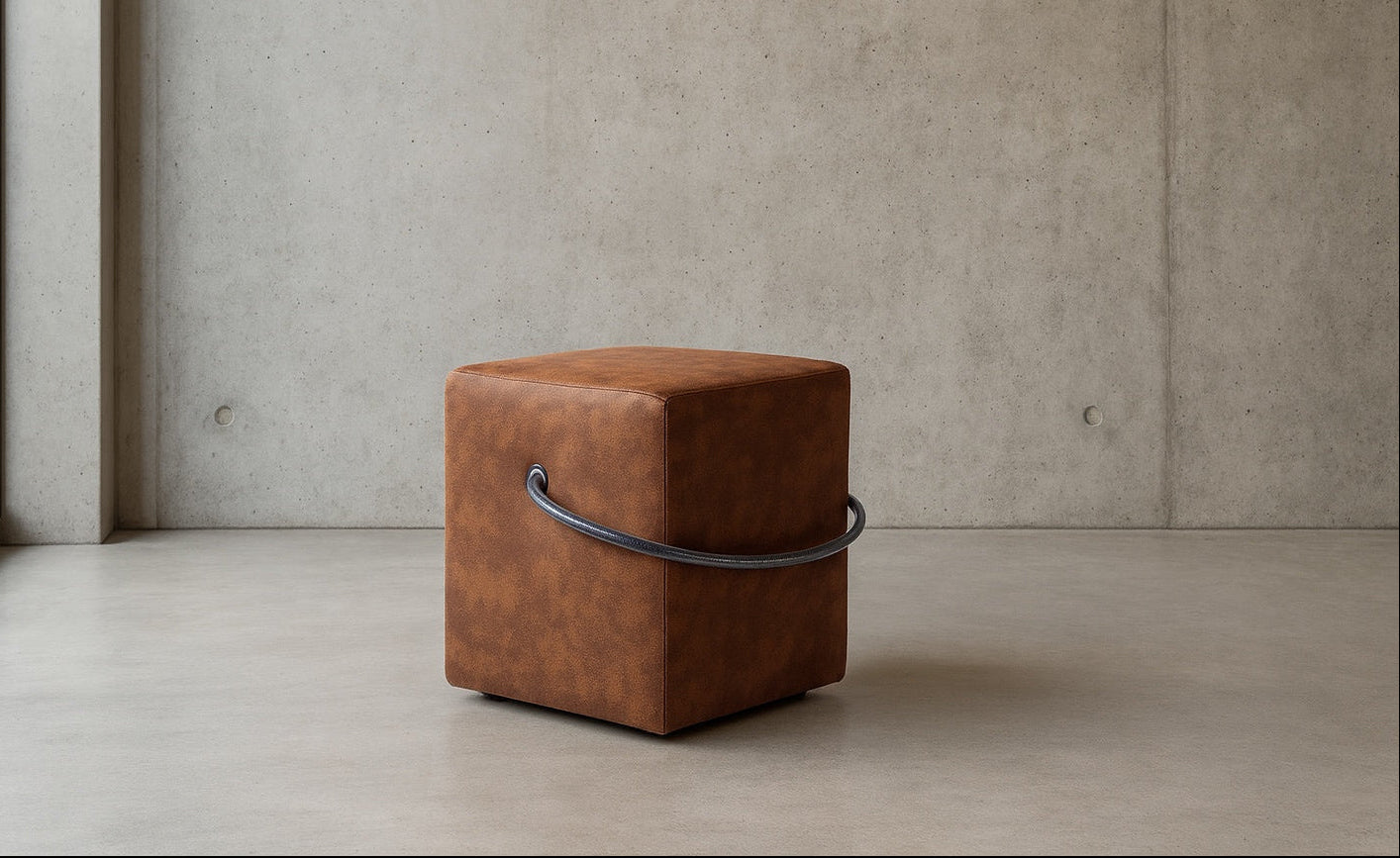 Designhocker in Lederoptik Braun mit umgelegtem Tragegriff in minimalistischem Architektenraum mit Sichtbeton und großem Fenster