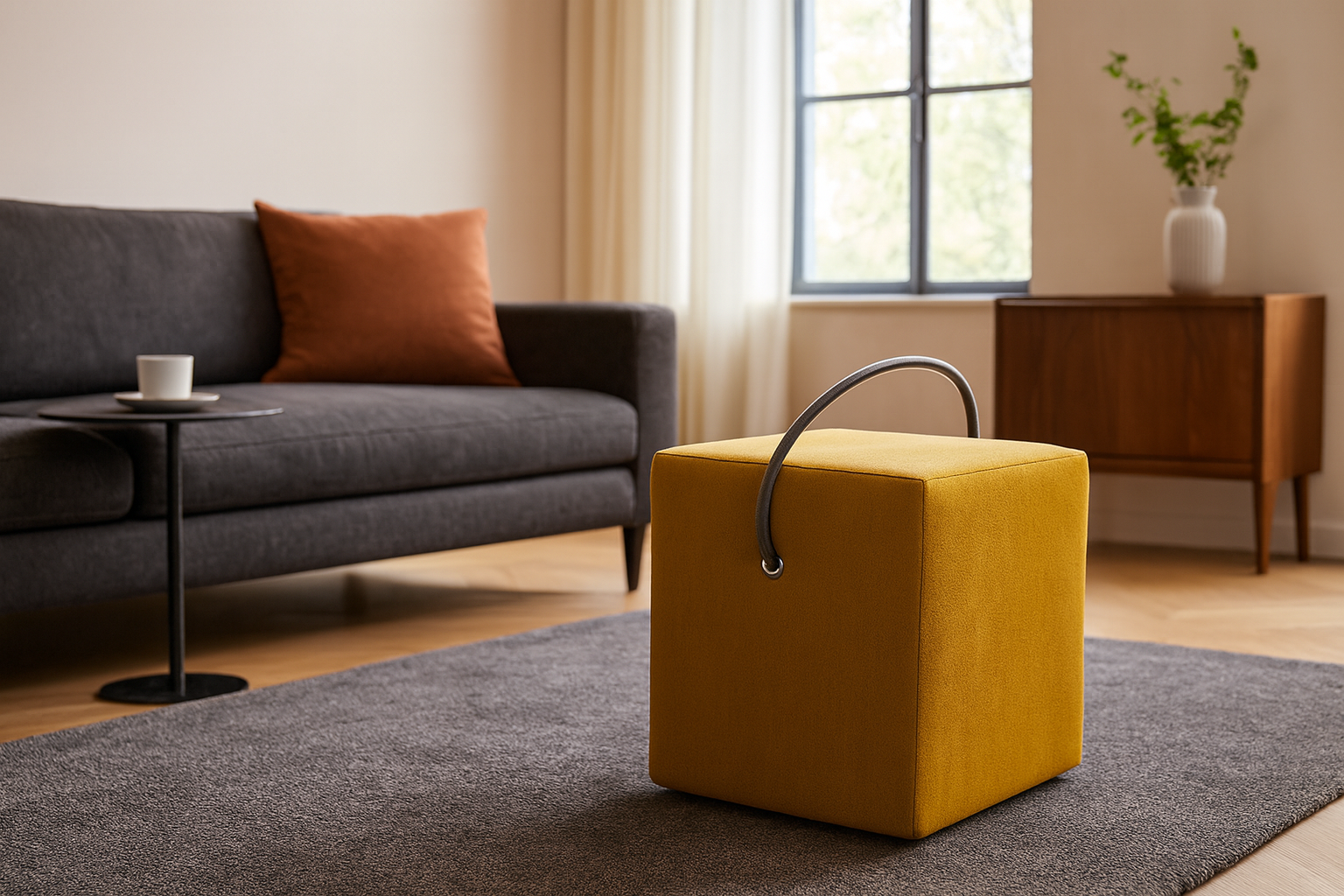 Gelber Designerhocker der Classic Line von Hockerhelden, handgefertigt in Heidelberg, gepolstert mit Tragegriff, modernes und edles Sitzmöbel.