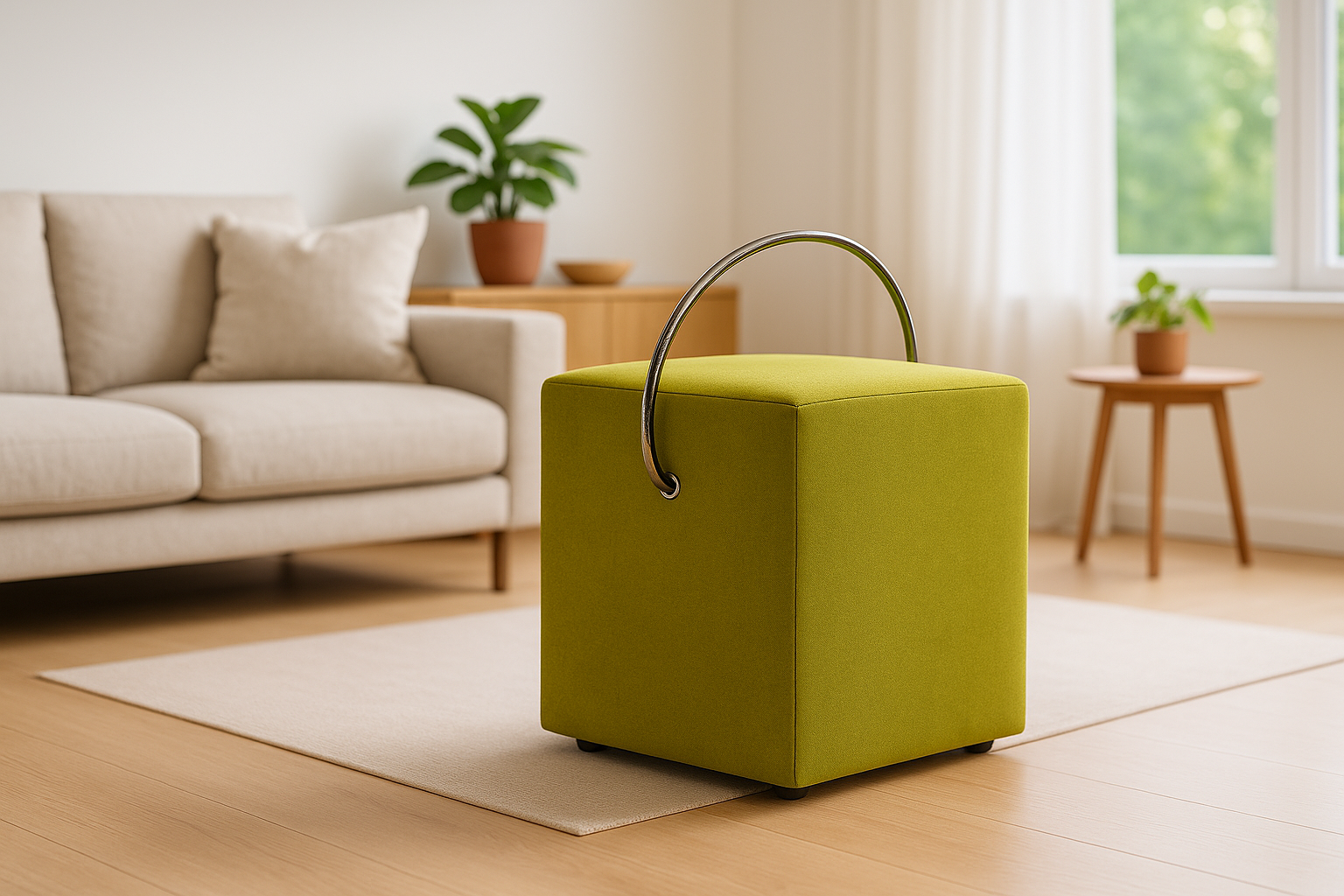 Grüner Designerhocker der Classic Line von Hockerhelden, minimal höher als breit, handgefertigt in Heidelberg, mit Stoffbezug und Tragegriff.