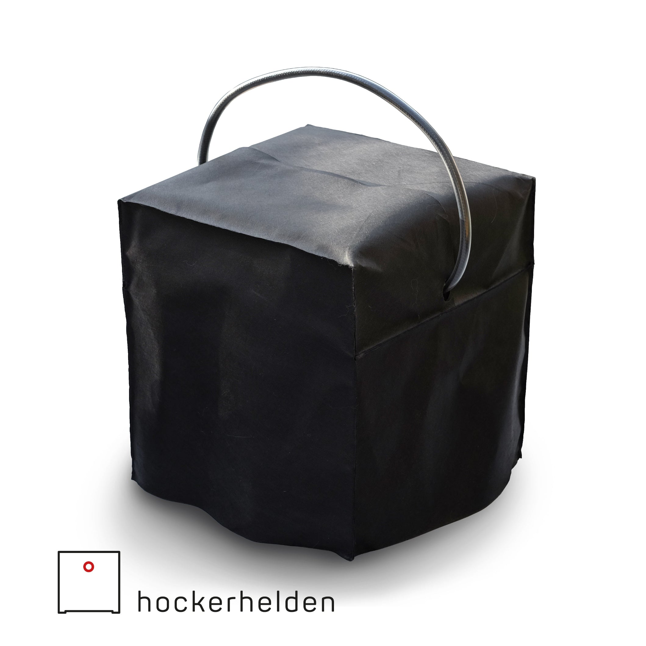 Schwarzer Designhocker von Hockerhelden mit schützender Husse und praktischem Tragegriff