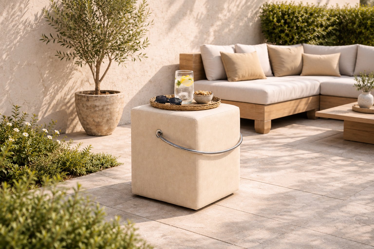 Beiger Polsterhocker mit Griff auf sonniger Terrasse, genutzt als flexible Ablage und Sitzhocker neben Outdoor-Lounge und Pflanzen.