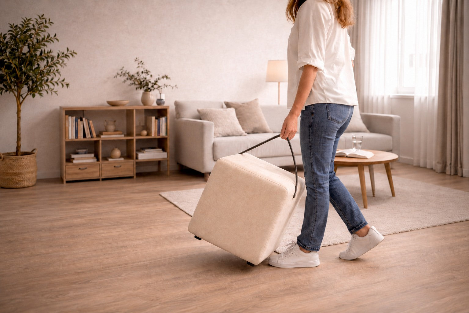 Beiger Polsterhocker mit Griff wird in einem hellen Wohnraum getragen und zeigt den flexiblen Einsatz als leichter Sitzhocker.