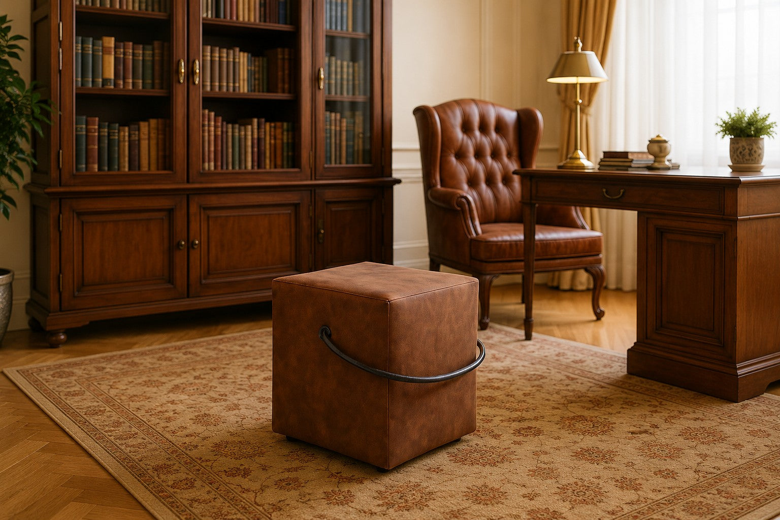 Brauner Polsterhocker mit Griff in Lederoptik als kompakte Sitzgelegenheit in klassischem Arbeitszimmer mit Bücherregal, Schreibtisch und Ledersessel.