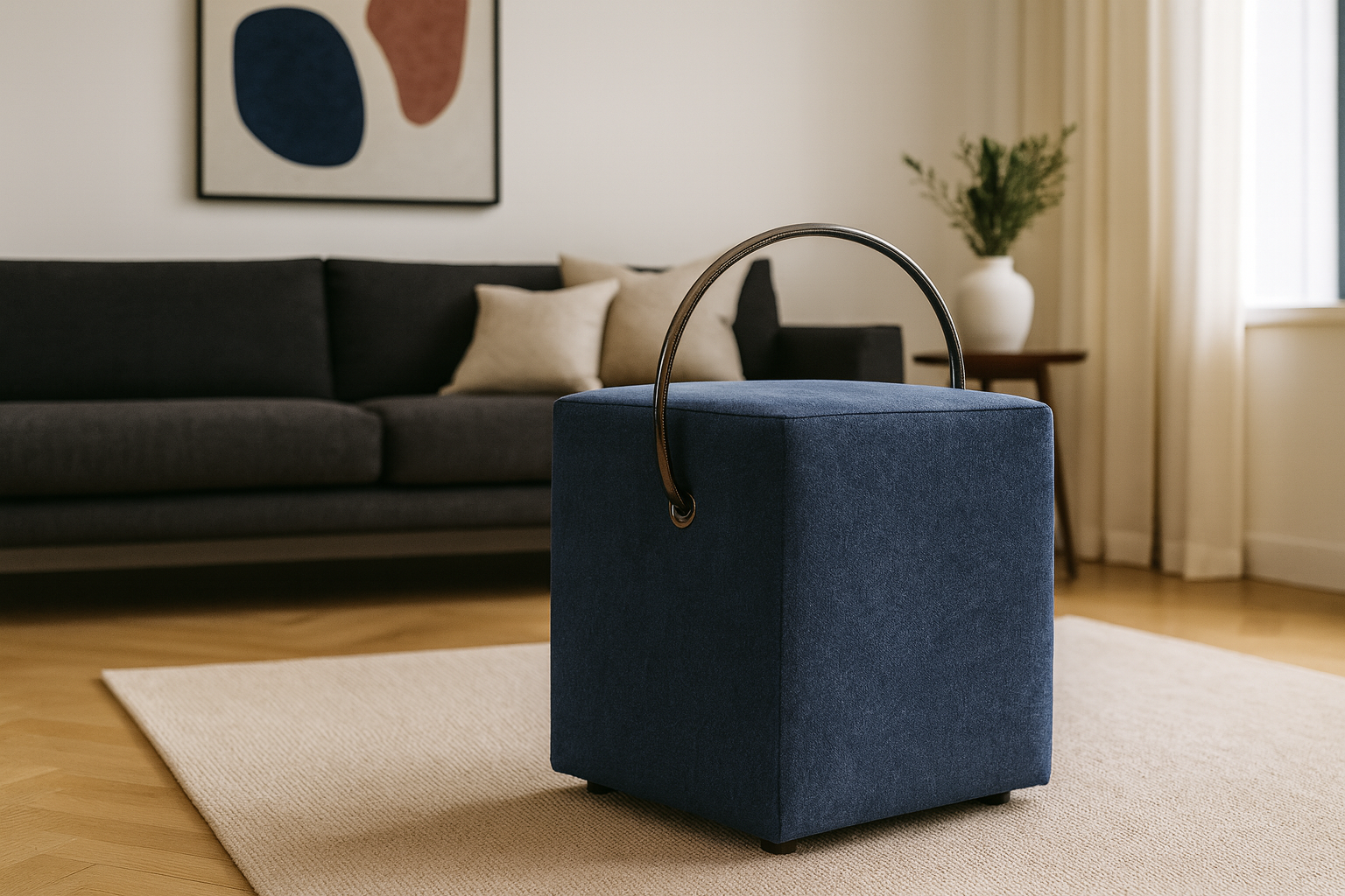 Dunkelblauer Classic-Line-Hocker mit schwarzen Griff in einem edlen, modernen Wohnraum mit warmem Licht und harmonischer Einrichtung.