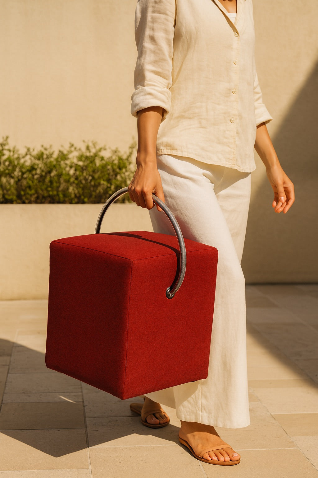 Roter Hockerhelden Designhocker wird von einer Person im Sonnenlicht getragen