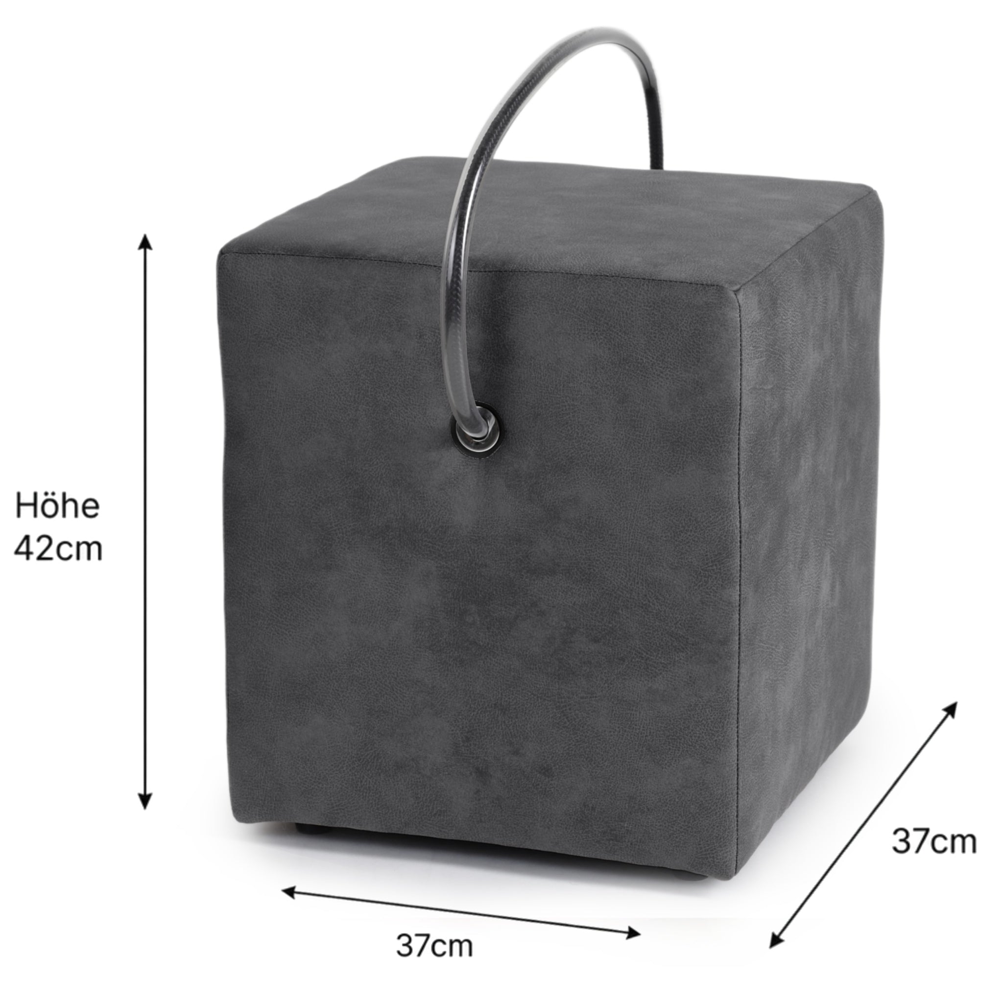 Grauer Polsterhocker mit Tragegriff und Maßangaben 37 × 37 × 42 cm auf hellem Hintergrund.