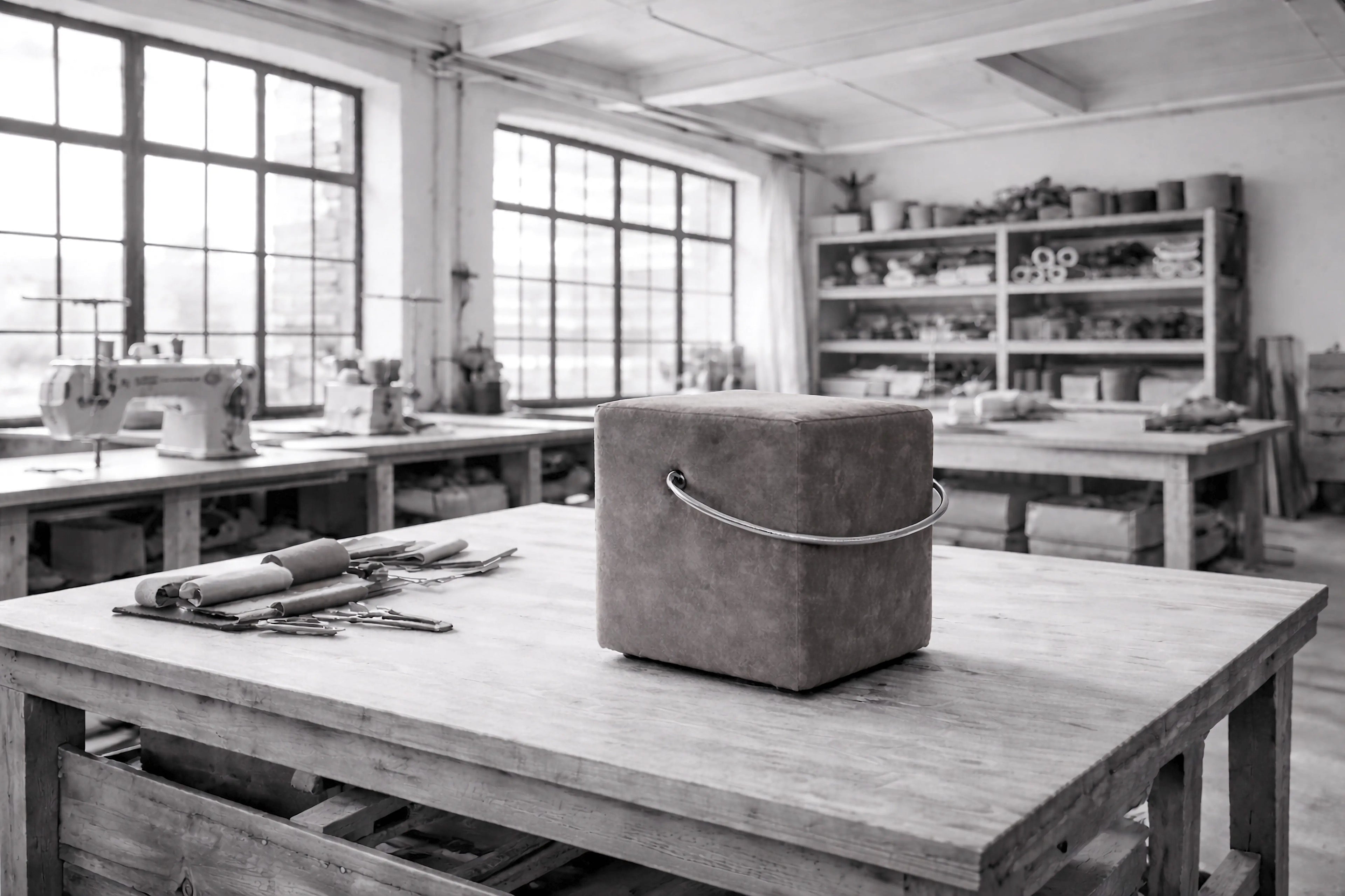 Polsterhocker aus der Heidelberger Hockerhelden Manufaktur steht auf einem Arbeitstisch