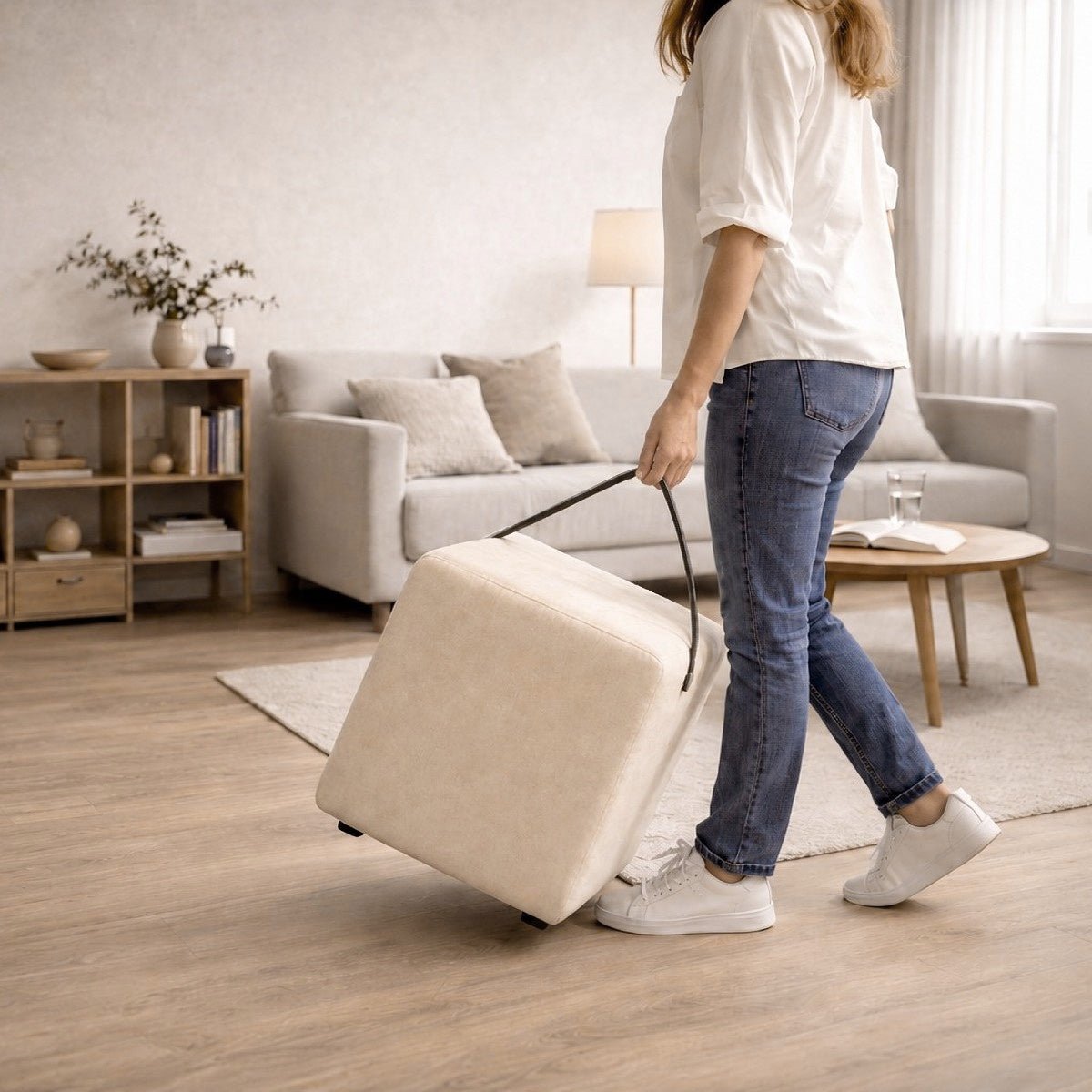 Polsterhocker Beige mit Griff Polsterhocker - Hockerhelden® – Handgefertigte Polsterhocker