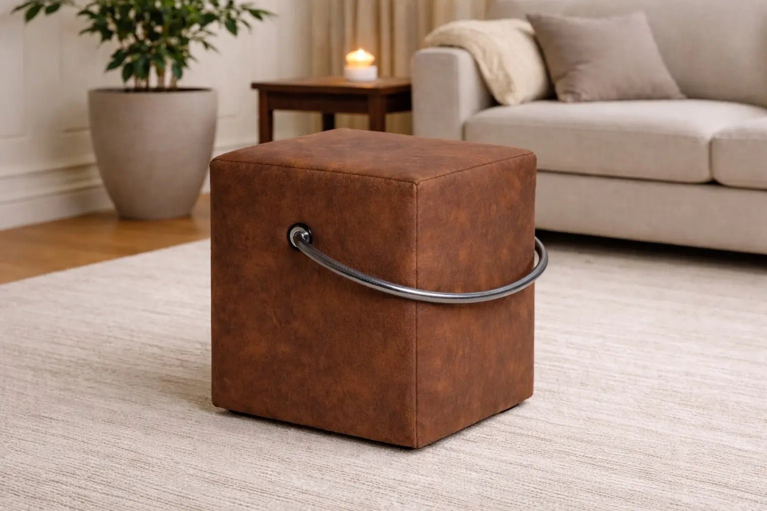 Polsterhocker in Braun mit Tragegriff – Lederoptik, handgefertigt in Heidelberg Polsterhocker Lederoptik - Hockerhelden – Handgefertigte Polsterhocker