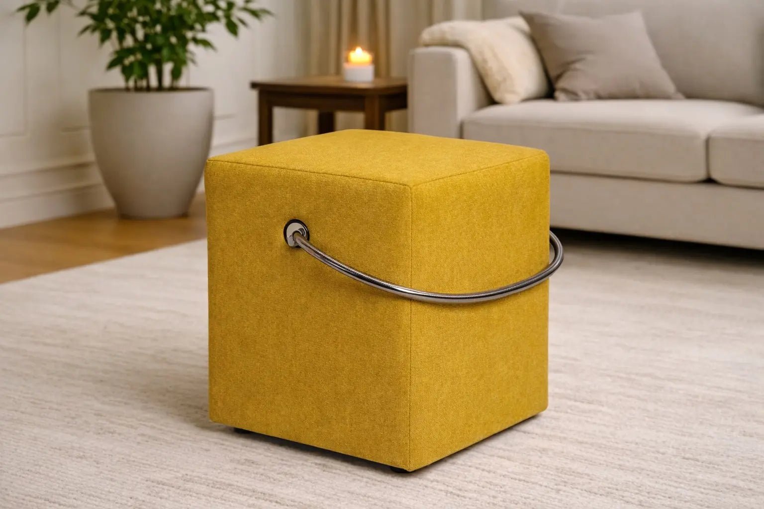 Polsterhocker in Gelb mit Tragegriff – handgefertigt in Heidelberg Polsterhocker - Hockerhelden – Handgefertigte Polsterhocker