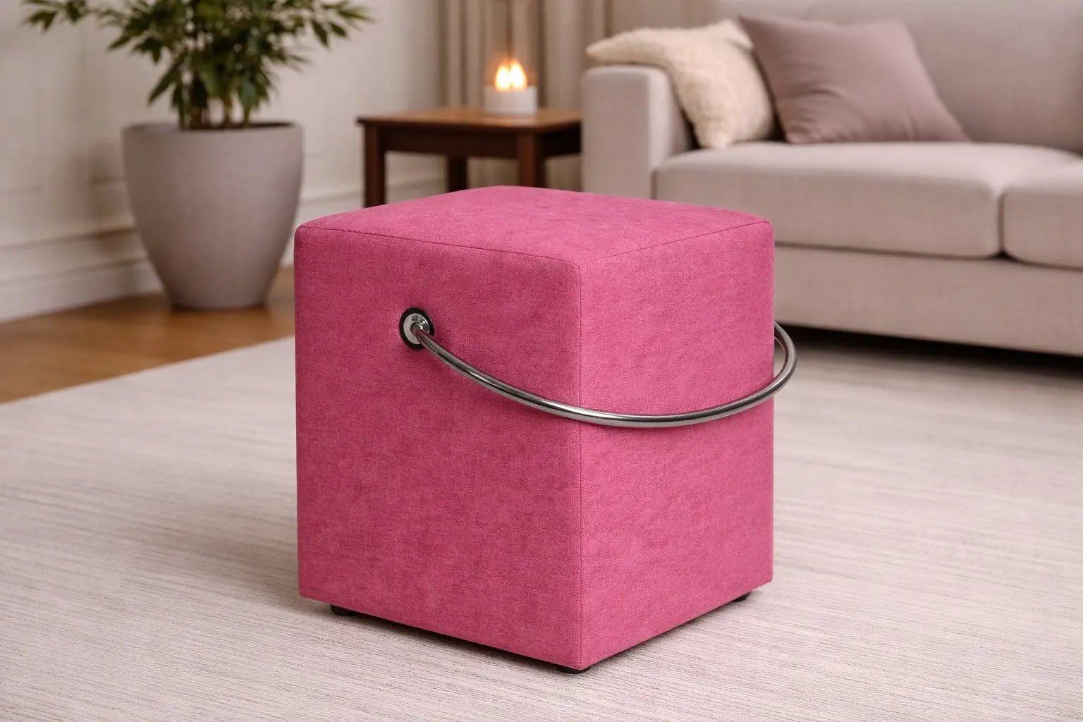 Polsterhocker in Rosa mit Tragegriff – handgefertigt in Heidelberg Polsterhocker - Hockerhelden – Handgefertigte Polsterhocker