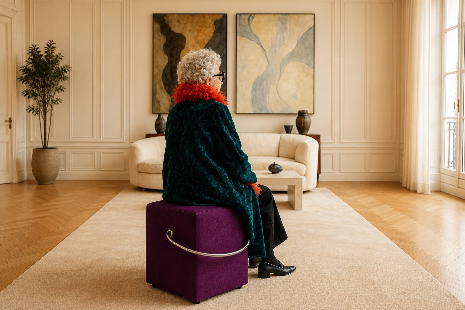 Lila Polsterhocker mit Griff im Wohnraum, genutzt als kompakter Sitzhocker vor Sofa, Teppich und moderner Wandkunst.