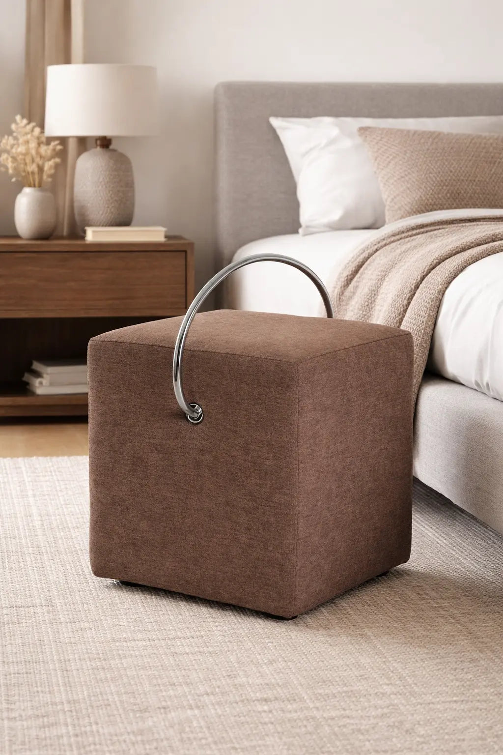 Polsterhocker in Braun mit Tragegriff von Hockerhelden in einem modernen Schlafzimmer